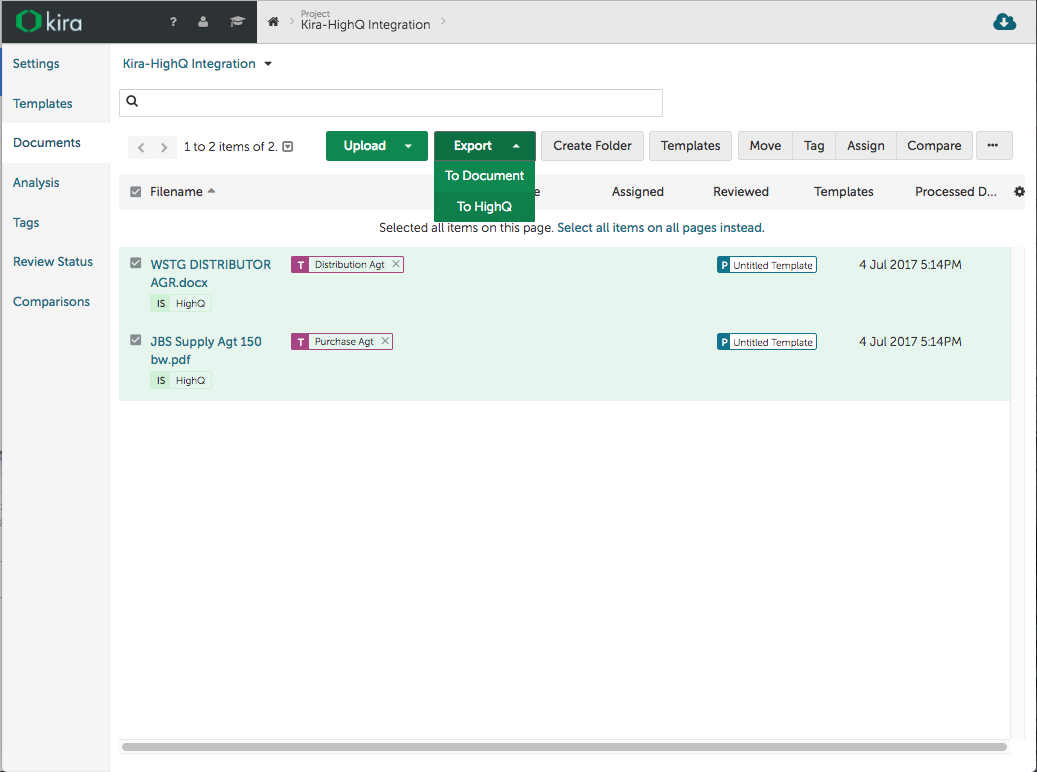 HighQ Integration - Exporting Documents from Kira